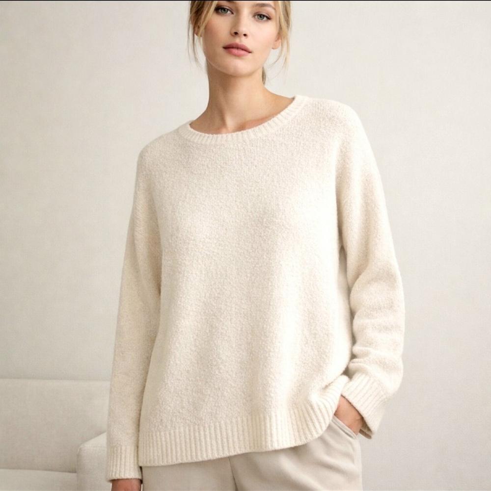 Eileen Fisher Textured Sweater Ivory Organic Cotton Cashmere Blend Cozy Knit XL